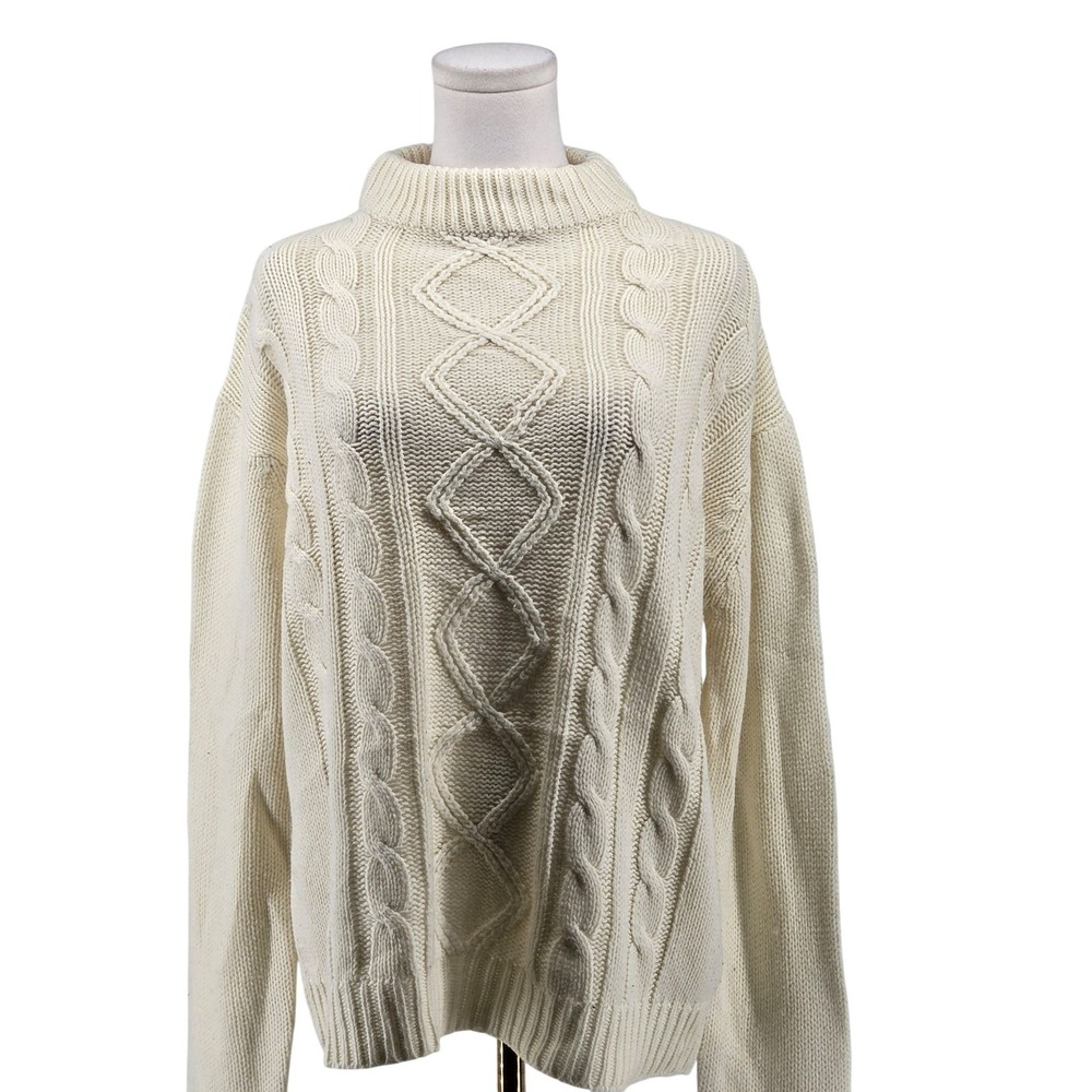 Kings Road Sweater Mens L White Turtleneck Cable-Knit Heavyweight Pullover